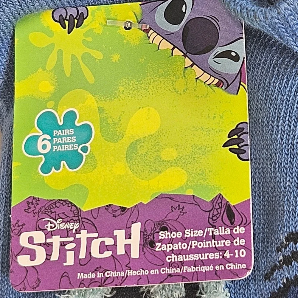 Disney Stitch Kids No Show Socks 6 Pair Pack Character Print Blue Shoe Size 4-10